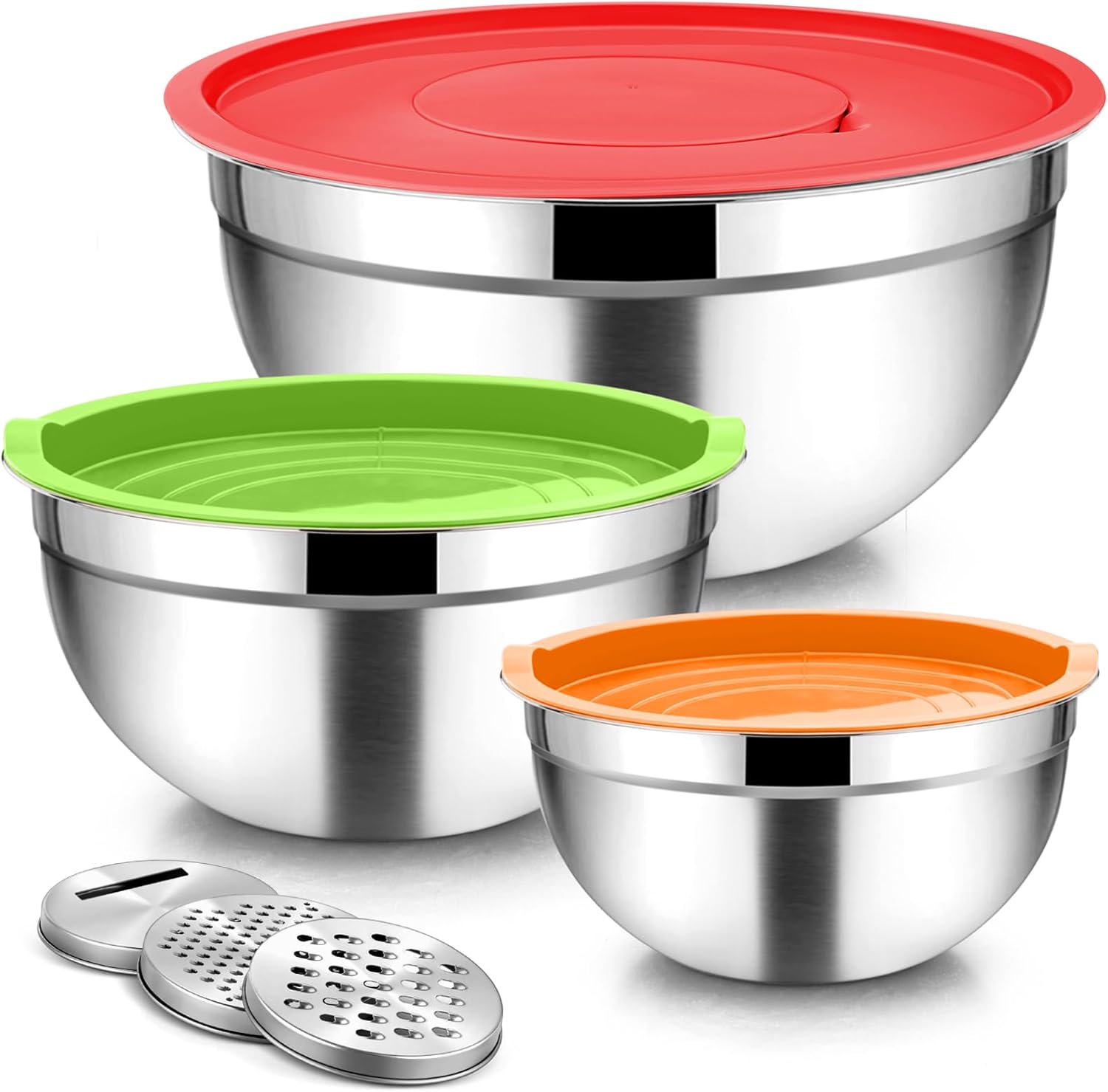 MEAL PREP PRO Mixing Bowls, Stainless Steel Nesting Salad Bowls with Lids Set of 3 & 3 Grater Attachments, for Mixing/Serving/Storing, Non-Toxic & Long-Lasting, Size 4.6/3 / 1.5 QT, Black