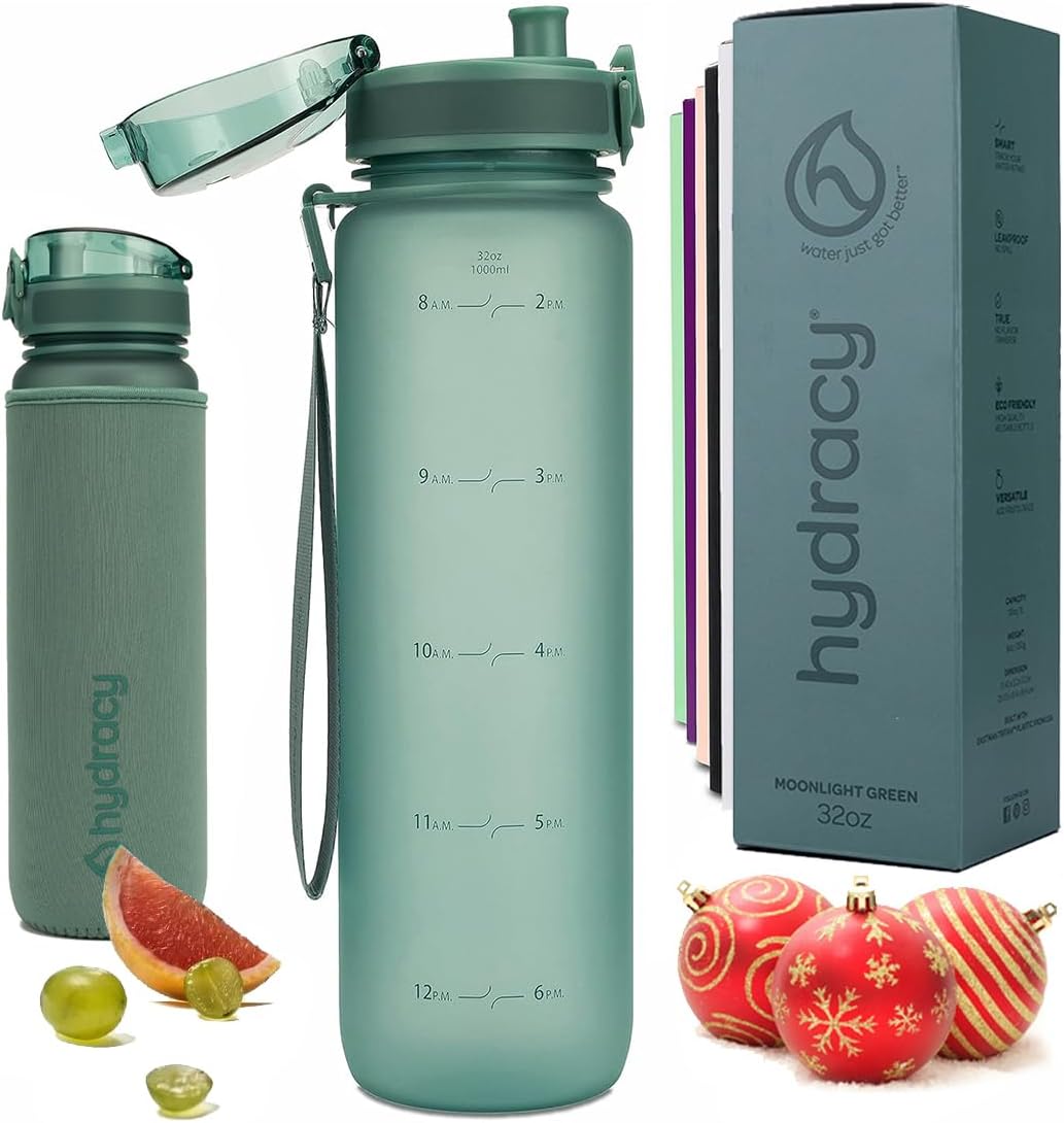 32oz Water Bottle with Time Marker -BPA Free & No Sweat Sleeve - Fruit Infuser Strainer & Times to Drink 