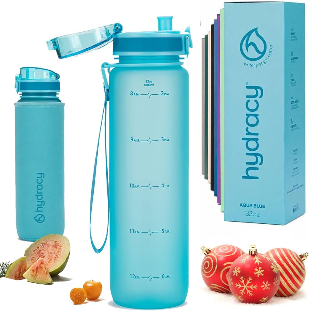 32oz Water Bottle with Time Marker -BPA Free & No Sweat Sleeve - Fruit Infuser Strainer & Times to Drink 