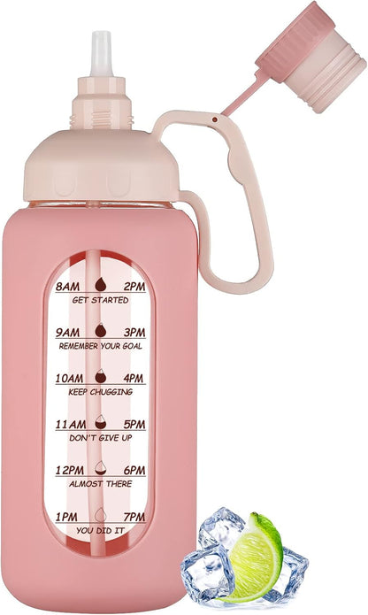 64Oz Motivational Glass Water Bottle with Time Marker, Straw, and Silicone Sleeves