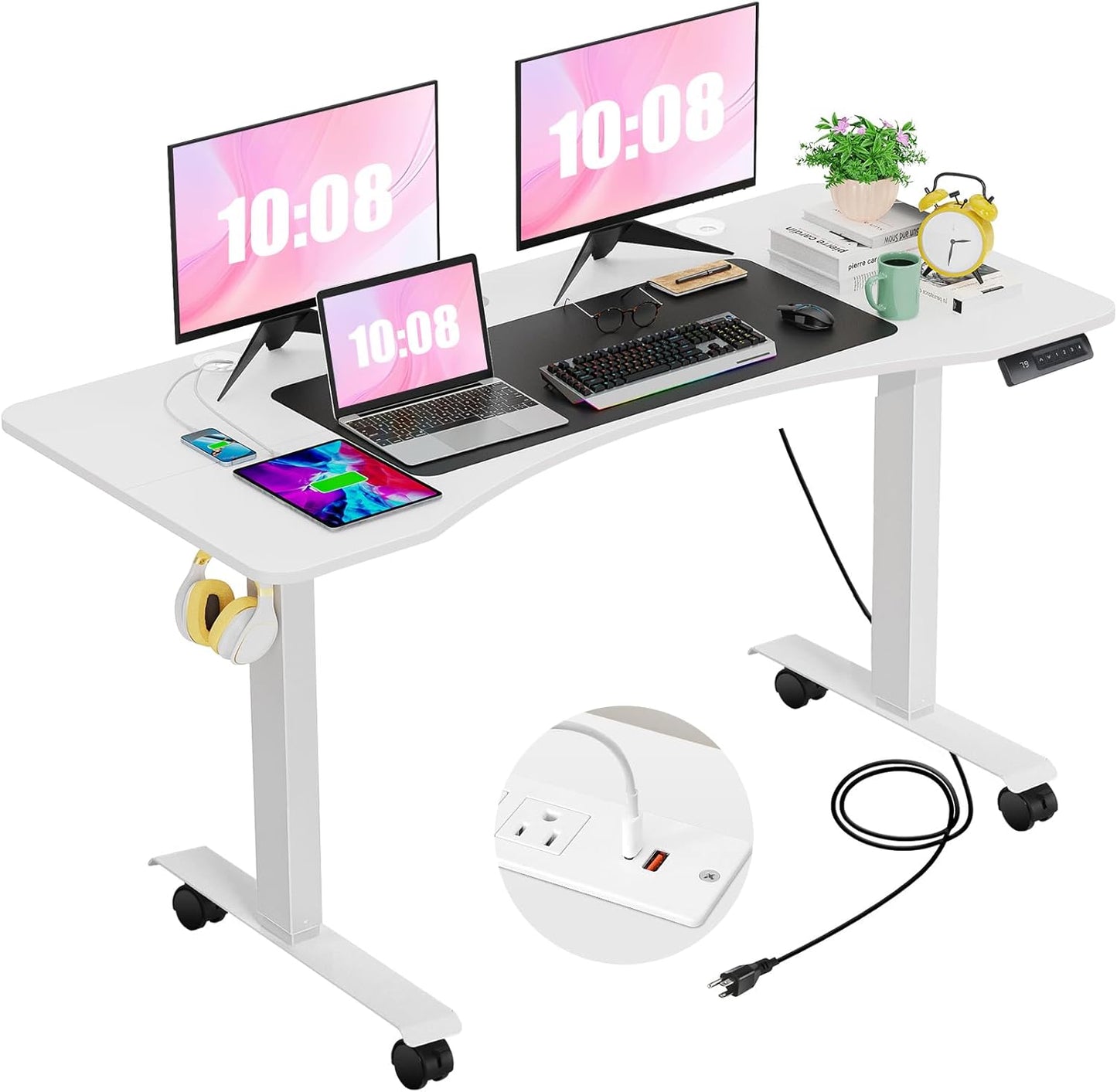 HAVE IT ALL Standing Desk Electric | Adjustable Height with Charging Station| Stand up Desk with Oversized Mouse Pad | Ergonomic Curved Workstation, 4 Caster | 4 Preset Heights Easy to Set Up