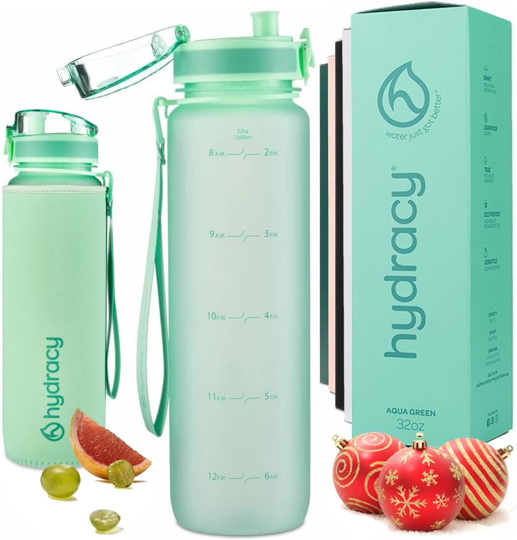32oz Water Bottle with Time Marker -BPA Free & No Sweat Sleeve - Fruit Infuser Strainer & Times to Drink 