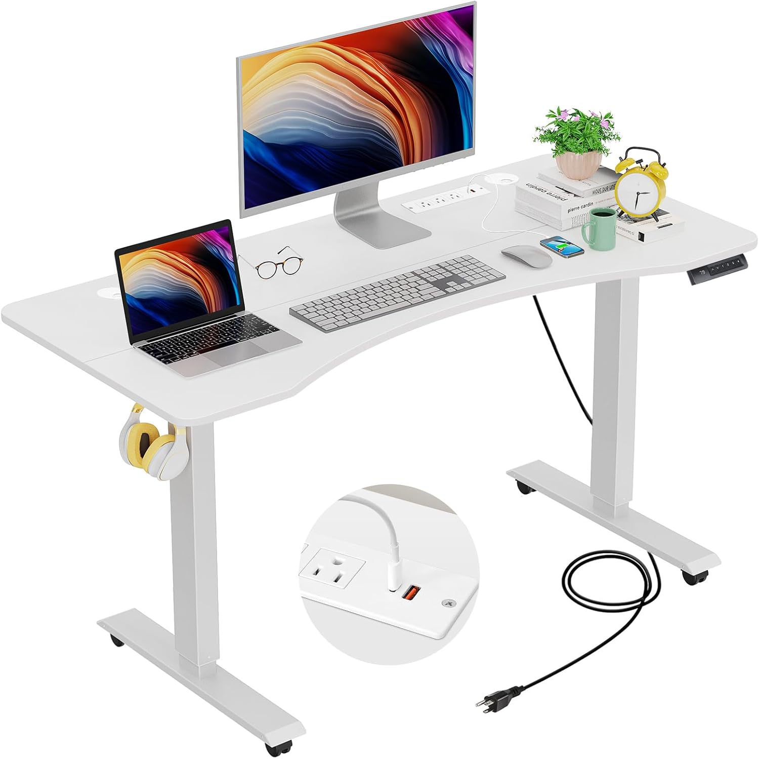 HAVE IT ALL Standing Desk Electric | Adjustable Height with Charging Station| Stand up Desk with Oversized Mouse Pad | Ergonomic Curved Workstation, 4 Caster | 4 Preset Heights Easy to Set Up