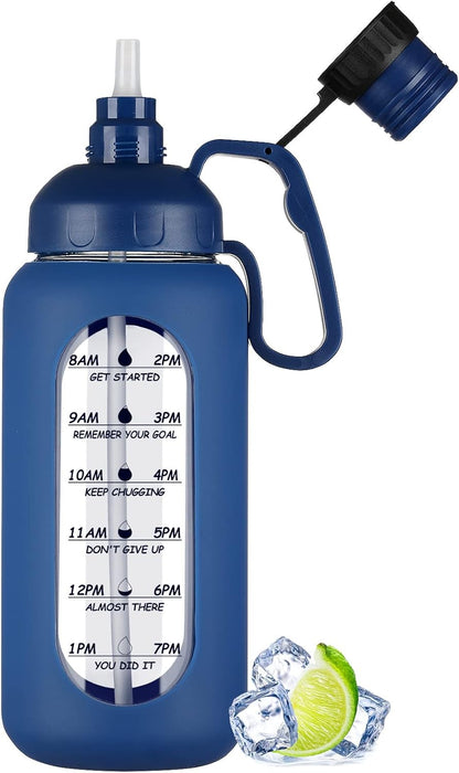 64Oz Motivational Glass Water Bottle with Time Marker, Straw, and Silicone Sleeves
