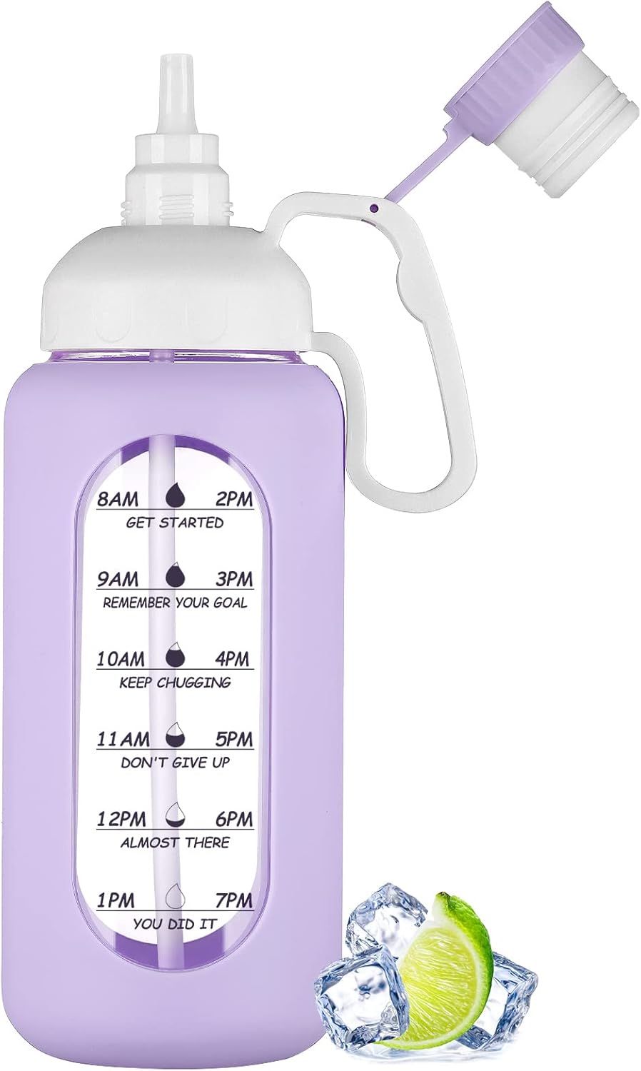 64Oz Motivational Glass Water Bottle with Time Marker, Straw, and Silicone Sleeves