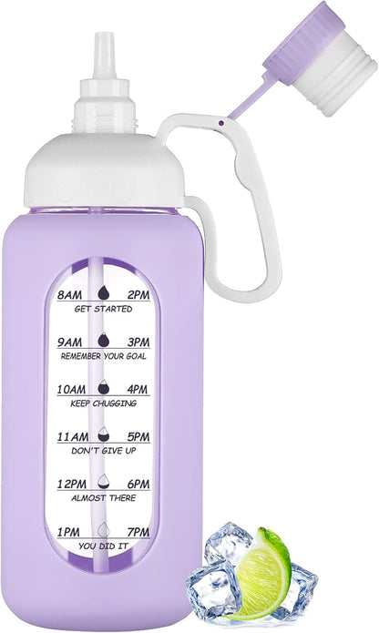 64Oz Motivational Glass Water Bottle with Time Marker, Straw, and Silicone Sleeves