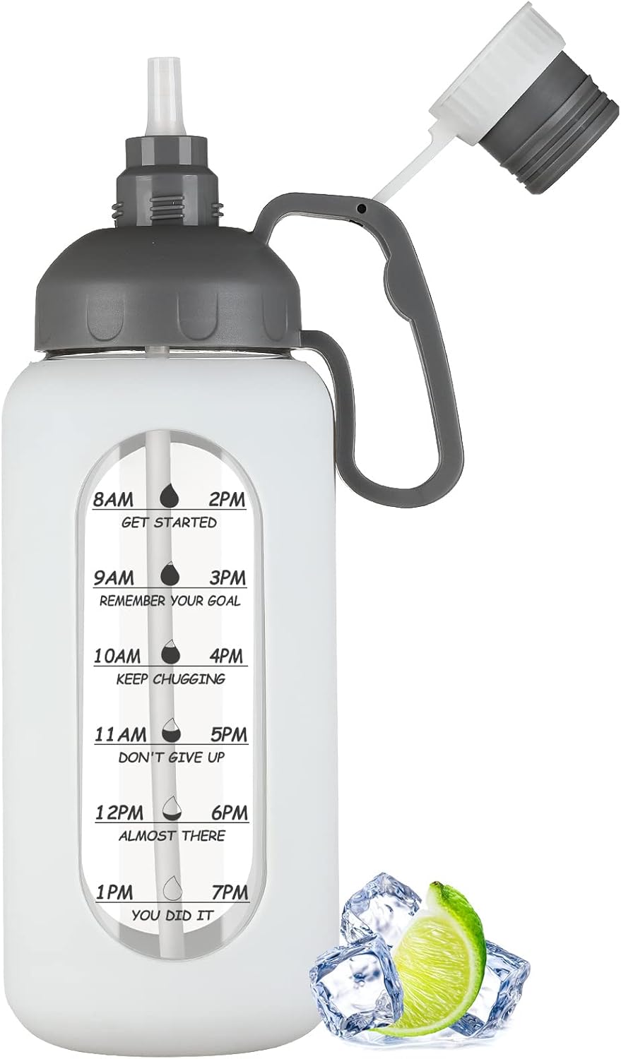 64Oz Motivational Glass Water Bottle with Time Marker, Straw, and Silicone Sleeves