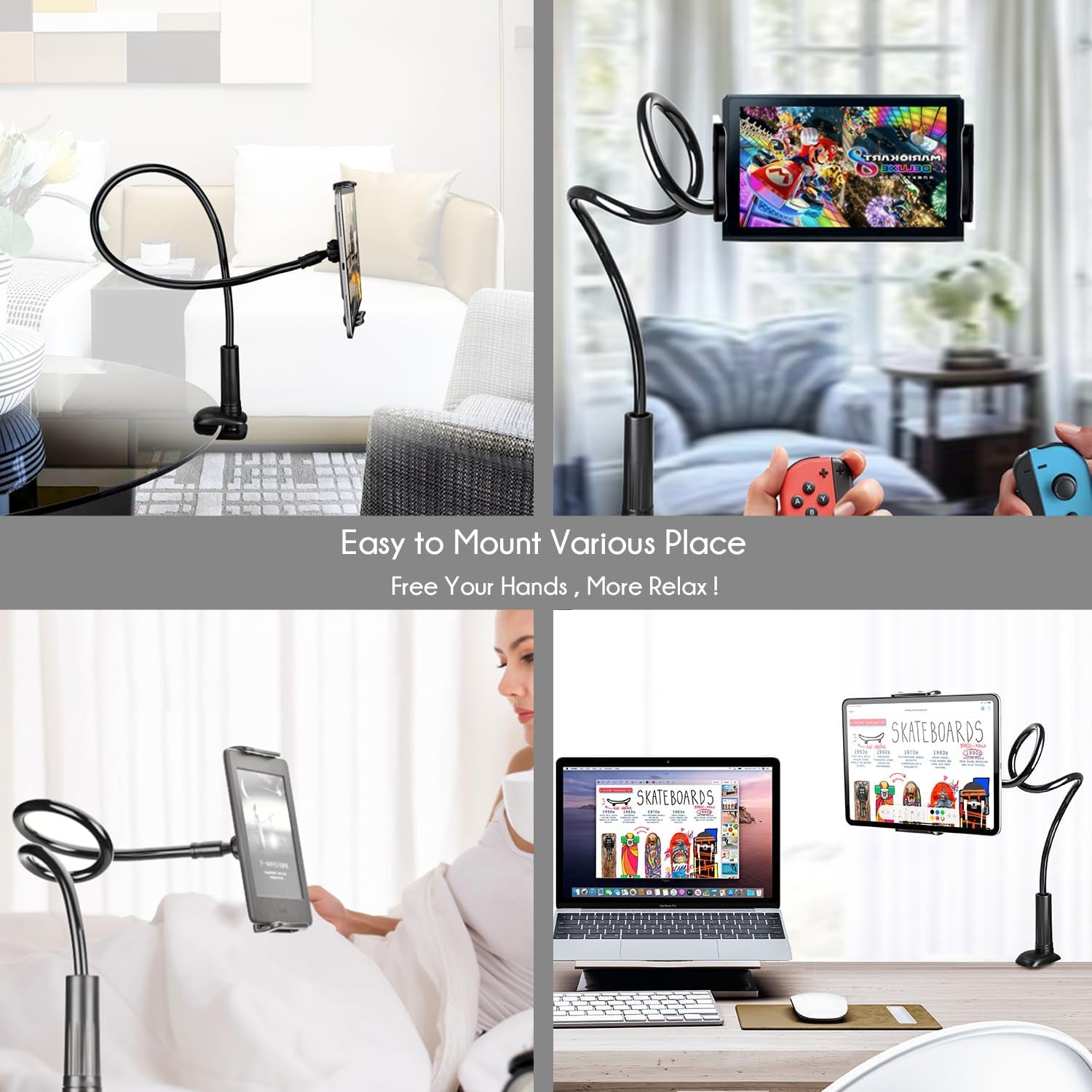 GET THAT POSTURE RIGHT Gooseneck Tablet Stand & Kindle Holder for Bed | Tablet Stand with Adjustable Flexible Arm Clamp | Mount Clip Holder for Phone Ipad Air Mini | Galaxy Tabs | Kindle Fire | Switch or Other 4.7-10.5" Devices