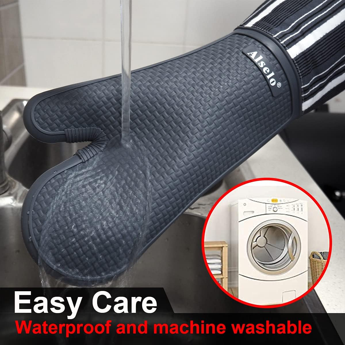 MEAL PREP BASICS Silicone Oven Mitts Heat Resistant 550 Degree | Extra Long Kitchen Gloves Pot Holders with Waterproof and Non-Slip | Baking Cooking Barbecue Microwave Machine Washable