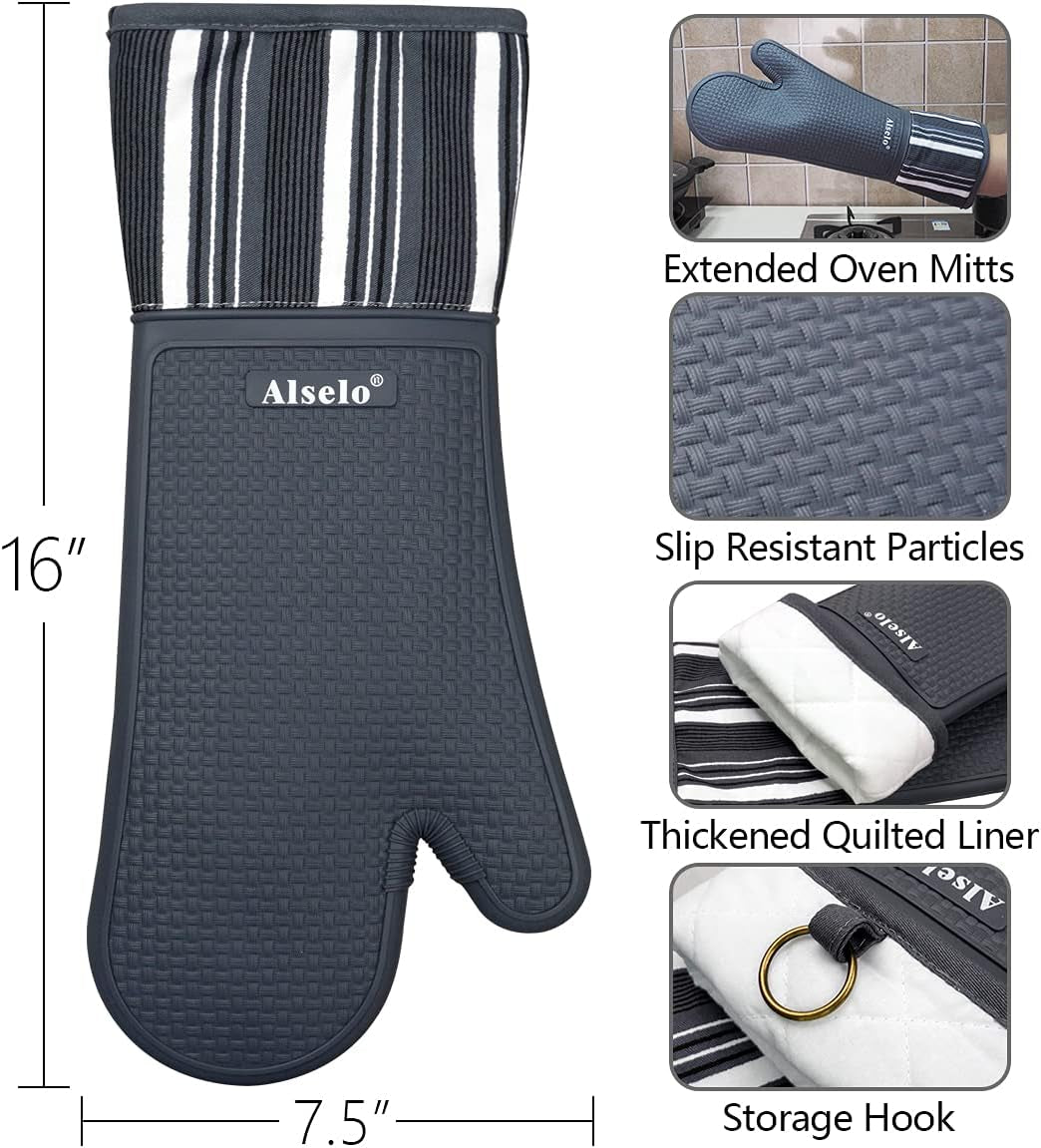 MEAL PREP BASICS Silicone Oven Mitts Heat Resistant 550 Degree | Extra Long Kitchen Gloves Pot Holders with Waterproof and Non-Slip | Baking Cooking Barbecue Microwave Machine Washable