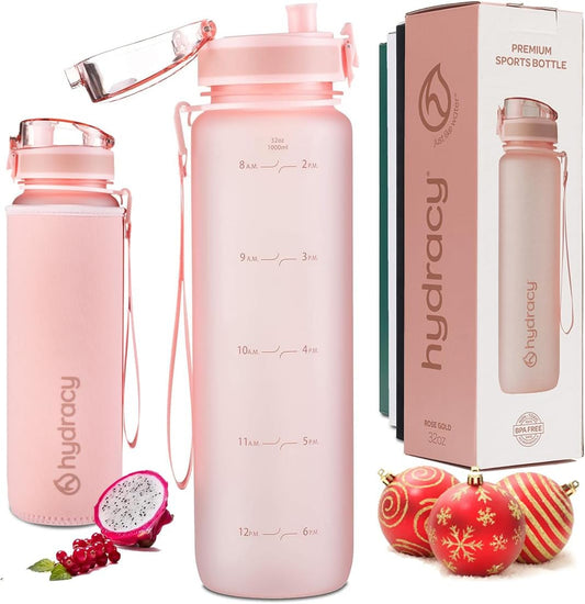 32oz Water Bottle with Time Marker -BPA Free & No Sweat Sleeve - Fruit Infuser Strainer & Times to Drink 
