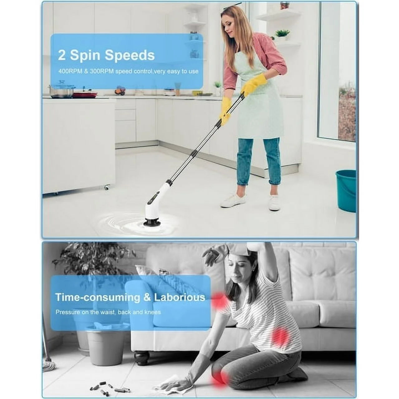 ELEVATE THE CLUTTER ~ Electric Spin Scrubber, Cordless Cleaning Brush with 8 Replaceable Brush Heads, Power Scrubber with Adjustable & Detachable Handle for Bathroom Kitchen Car,White
