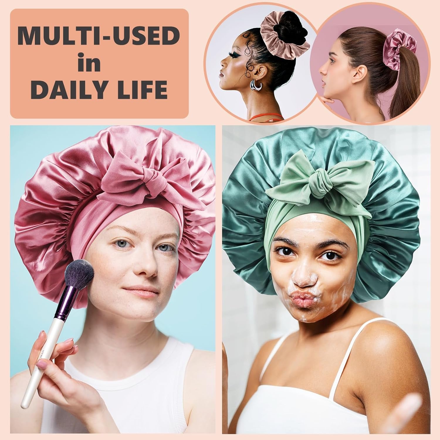 Satin Bonnet with security loop, 3 Scrunchies, Double Layer, (Natural Hair, Braids, Long Hair) 