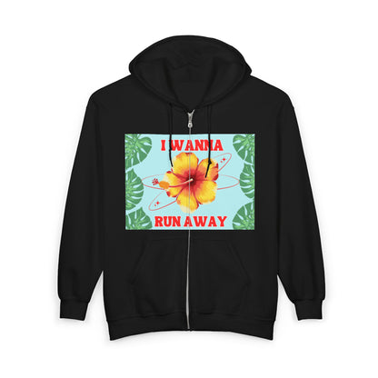 Run Away Floral Zip Hoodie — 'I Wanna Run Away' Tropical Hibiscus Jacket