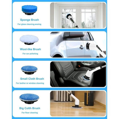 ELEVATE THE CLUTTER ~ Electric Spin Scrubber, Cordless Cleaning Brush with 8 Replaceable Brush Heads, Power Scrubber with Adjustable & Detachable Handle for Bathroom Kitchen Car,White