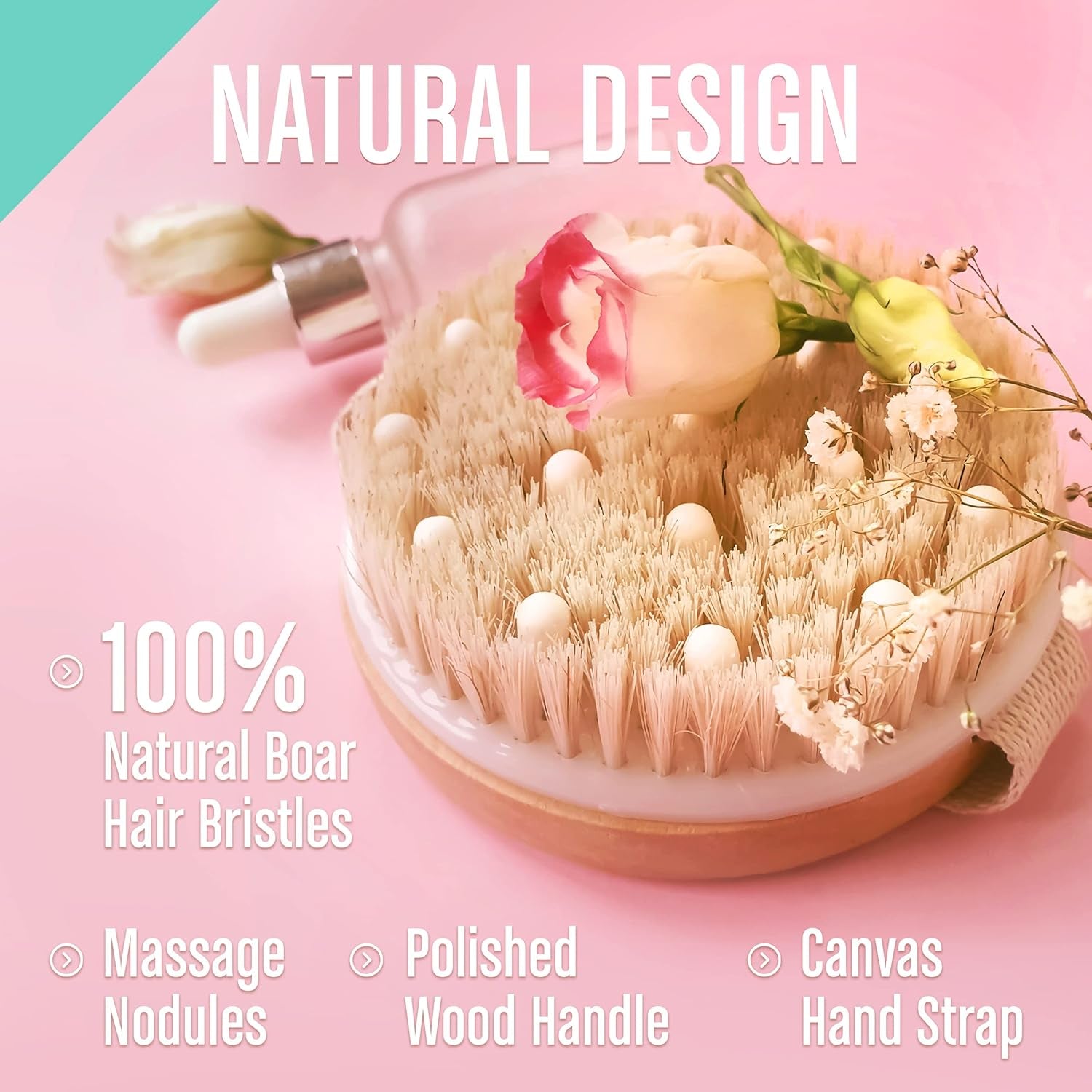 Dry Brushing Body Brush for Lymphatic Drainage and Exfoliation - Soft Massage Nodules -100% Natural Bristle 