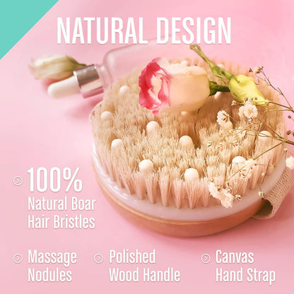 Dry Brushing Body Brush for Lymphatic Drainage and Exfoliation - Soft Massage Nodules -100% Natural Bristle 