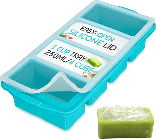 Silicone Freezer Tray with Lid (Makes 4 Perfect 1 Cup Portions) Soups & Meal Prep - Oven & Dishwasher Safe