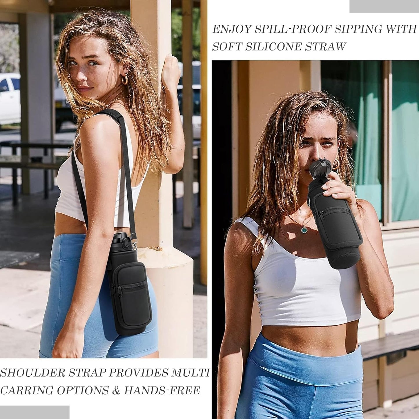 32 Oz Water Bottle with Sleeve - BPA Free Leakproof Sport Large 1L Plastic Motivational Water Bottle with Straw Strap & Insulated Neoprene Holder Carrier Bag 