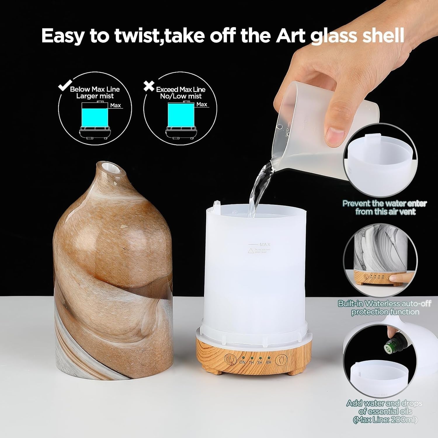 HABIT STACKING 101 Essential Oil Diffuser Hand Blown Glass Aromatherapy Diffuser | Ultrasonic Cool Mist Scent Aroma Diffuser, Whisper Quiet with Auto Shut-Off, Timer Setting & 7 Colors Night Light