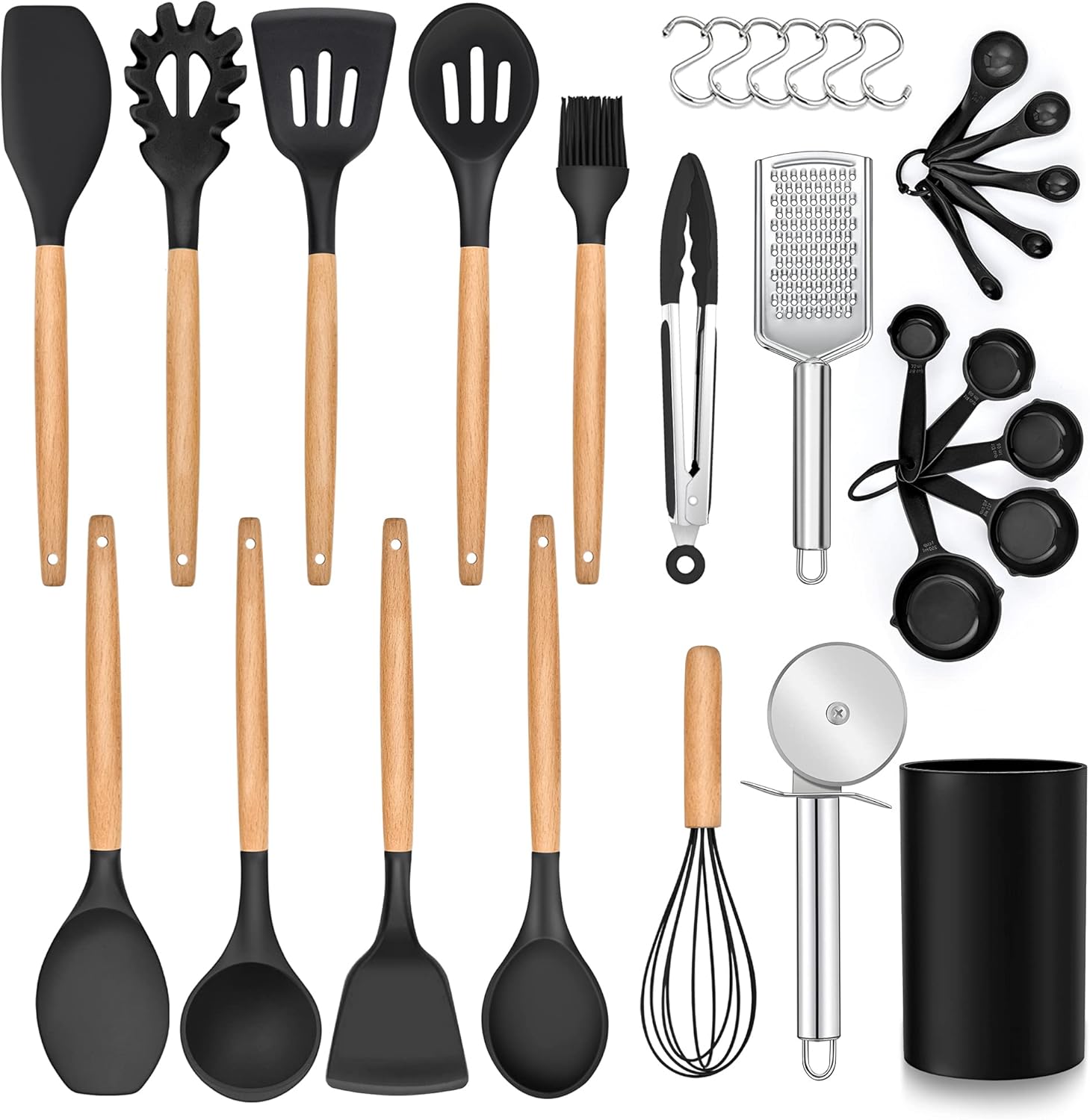 MEAL PREP BASICS 30 PCS Silicone Cooking Utensils Set with Organizer | Silicone Kitchen Essential Utensil Set with Wooden Handle | Kitchen Cookware Tools Heat Resistant