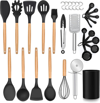 MEAL PREP BASICS 30 PCS Silicone Cooking Utensils Set with Organizer | Silicone Kitchen Essential Utensil Set with Wooden Handle | Kitchen Cookware Tools Heat Resistant