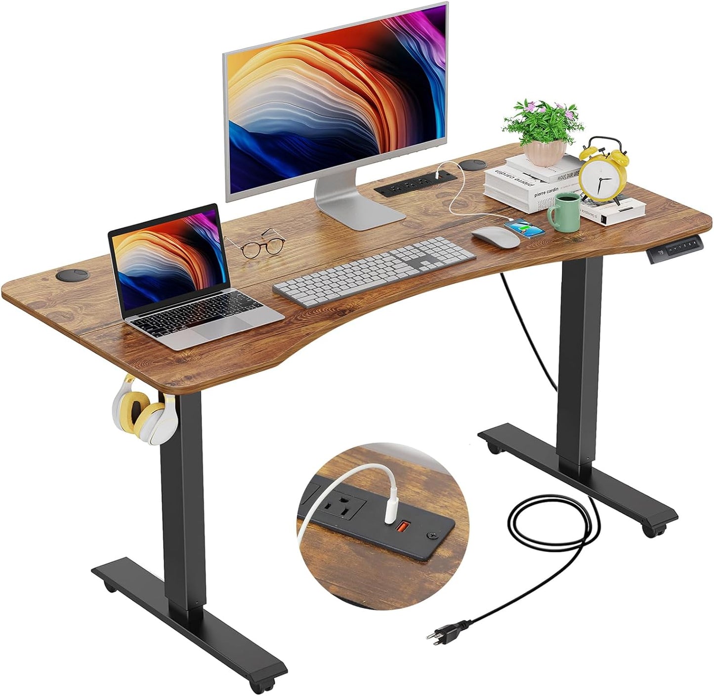 HAVE IT ALL Standing Desk Electric | Adjustable Height with Charging Station| Stand up Desk with Oversized Mouse Pad | Ergonomic Curved Workstation, 4 Caster | 4 Preset Heights Easy to Set Up