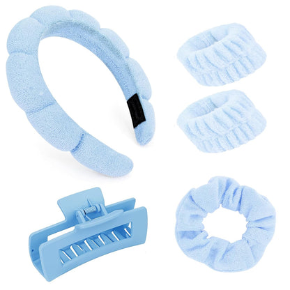 Purple Spa Headband and Wristband Set Makeup Spa Headband for Washing Face Bubble Skin Care Headbands Face Wash Sponge Puffy Headband Head Bands Hair Accessories for Women Girls