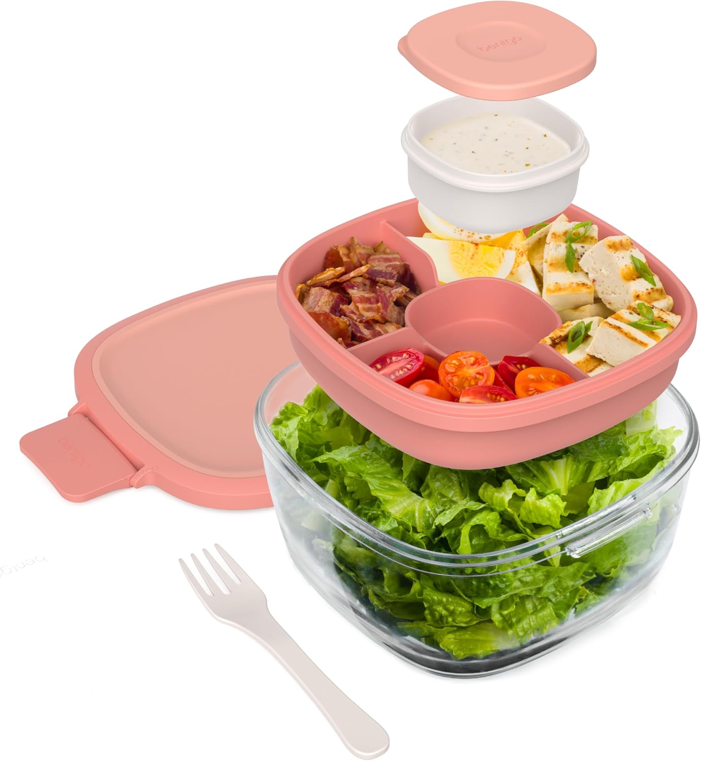 MEAL PREP PRO Glass All-In-One Salad Container | Large 61Oz Salad Bowl with Lid, 4-Compartment Bento-Style Tray, 3-Oz Sauce Container, and Reusable Fork | Dishwasher, Microwave, and Oven Safe