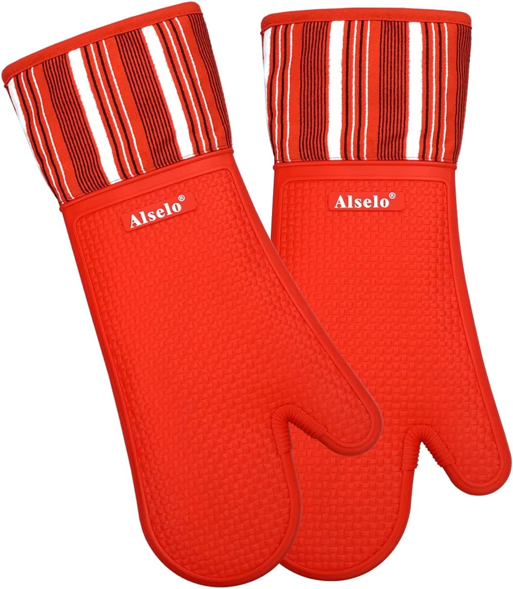 MEAL PREP BASICS Silicone Oven Mitts Heat Resistant 550 Degree | Extra Long Kitchen Gloves Pot Holders with Waterproof and Non-Slip | Baking Cooking Barbecue Microwave Machine Washable