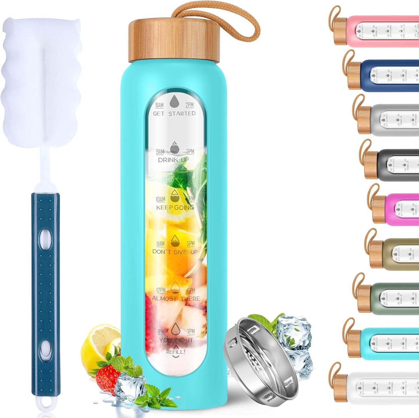 32 Oz Water Bottle with Silicone Sleeve - BPA Free, Reusable, Wide Mouth, Motivational, Leak Proof Borosilicate, Time Marker and Fruit Infuser