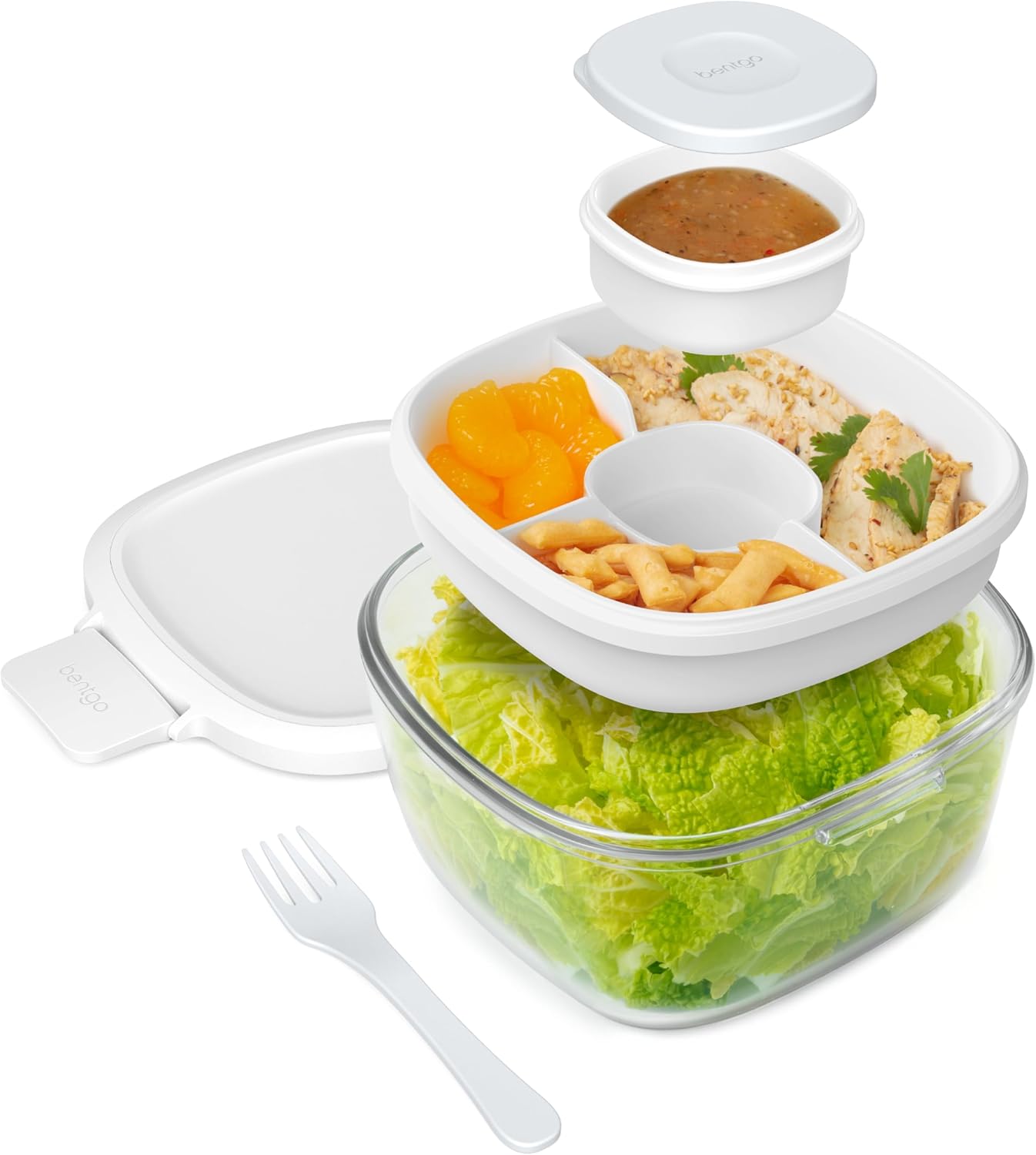 MEAL PREP PRO Glass All-In-One Salad Container | Large 61Oz Salad Bowl with Lid, 4-Compartment Bento-Style Tray, 3-Oz Sauce Container, and Reusable Fork | Dishwasher, Microwave, and Oven Safe