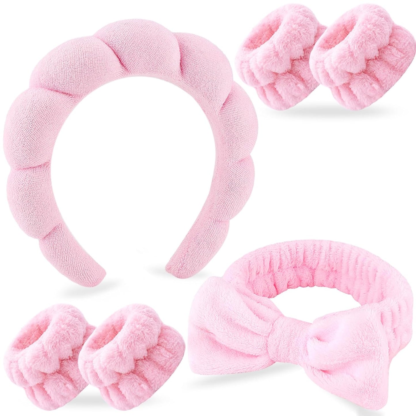 NO MORE DROPLETS 4Pcs Spa Headband for Washing Face | Wristbands Set Bubble Skincare Terry Cloth Padded, Puffy Headband, Bow Tie Hairband | Cute Non Slip Thick Hair Accessory