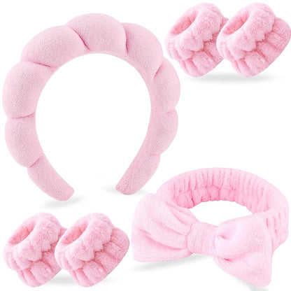 NO MORE DROPLETS 4Pcs Spa Headband for Washing Face | Wristbands Set Bubble Skincare Terry Cloth Padded, Puffy Headband, Bow Tie Hairband | Cute Non Slip Thick Hair Accessory