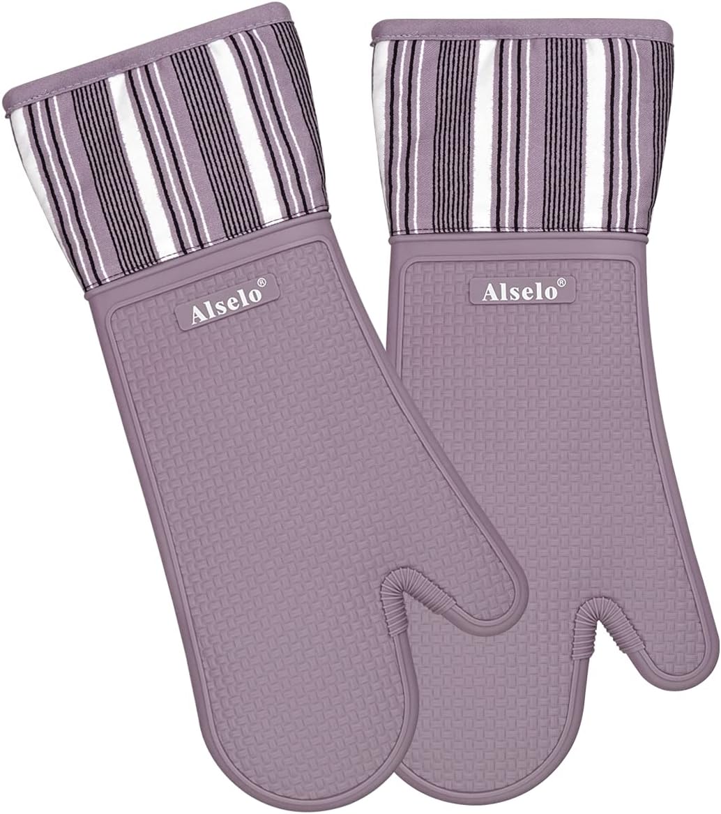 MEAL PREP BASICS Silicone Oven Mitts Heat Resistant 550 Degree | Extra Long Kitchen Gloves Pot Holders with Waterproof and Non-Slip | Baking Cooking Barbecue Microwave Machine Washable