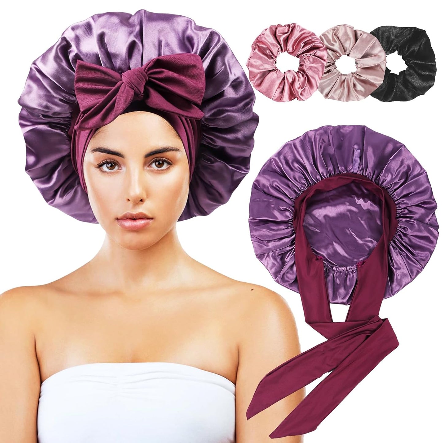 Satin Bonnet with security loop, 3 Scrunchies, Double Layer, (Natural Hair, Braids, Long Hair) 