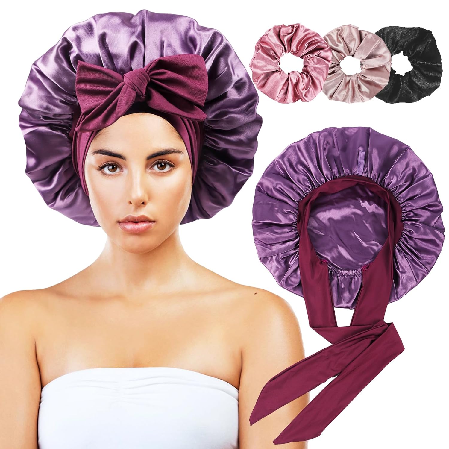 Satin Bonnet with security loop, 3 Scrunchies, Double Layer, (Natural Hair, Braids, Long Hair) 