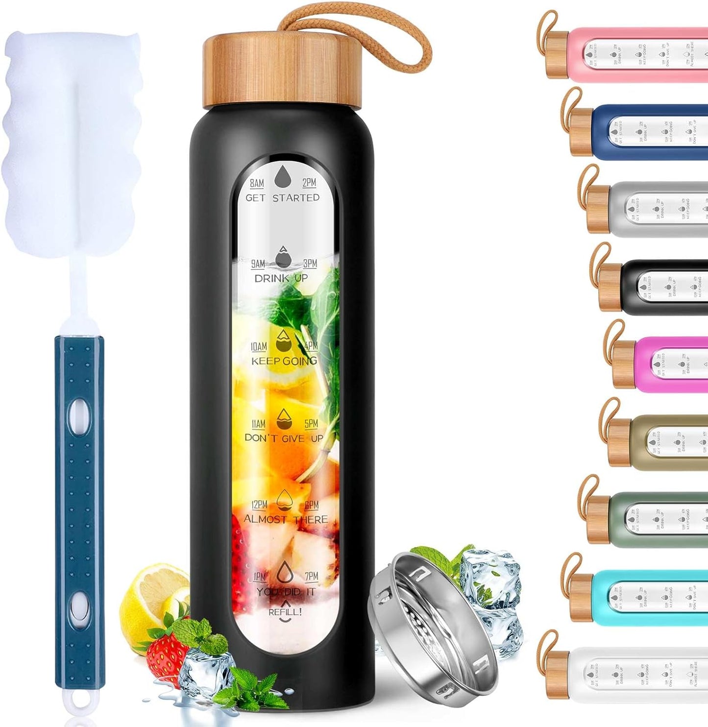 32 Oz Water Bottle with Silicone Sleeve - BPA Free, Reusable, Wide Mouth, Motivational, Leak Proof Borosilicate, Time Marker and Fruit Infuser