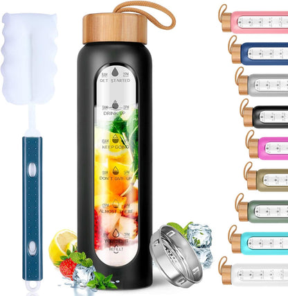 32 Oz Water Bottle with Silicone Sleeve - BPA Free, Reusable, Wide Mouth, Motivational, Leak Proof Borosilicate, Time Marker and Fruit Infuser