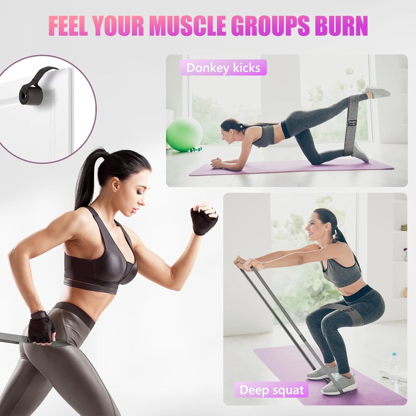 FEEL THE BURN Fabric Resistance Band Set for Working Out - 3 Pcs Pull up Bands and 3 Pcs Assistance Bands with Door Anchor for Legs, Glutes, Hip 