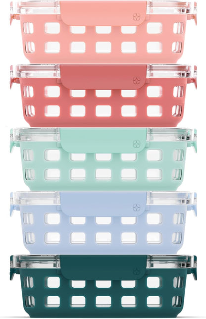 MEAL PREP PRO Duraglass 3.4 Cup Meal Prep Sets 10Pc | 5 Pack Set- Glass Food Storage Container with Silicone Sleeve and Airtight BPA-Free Plastic Lids | Dishwasher, Microwave, and Freezer Safe