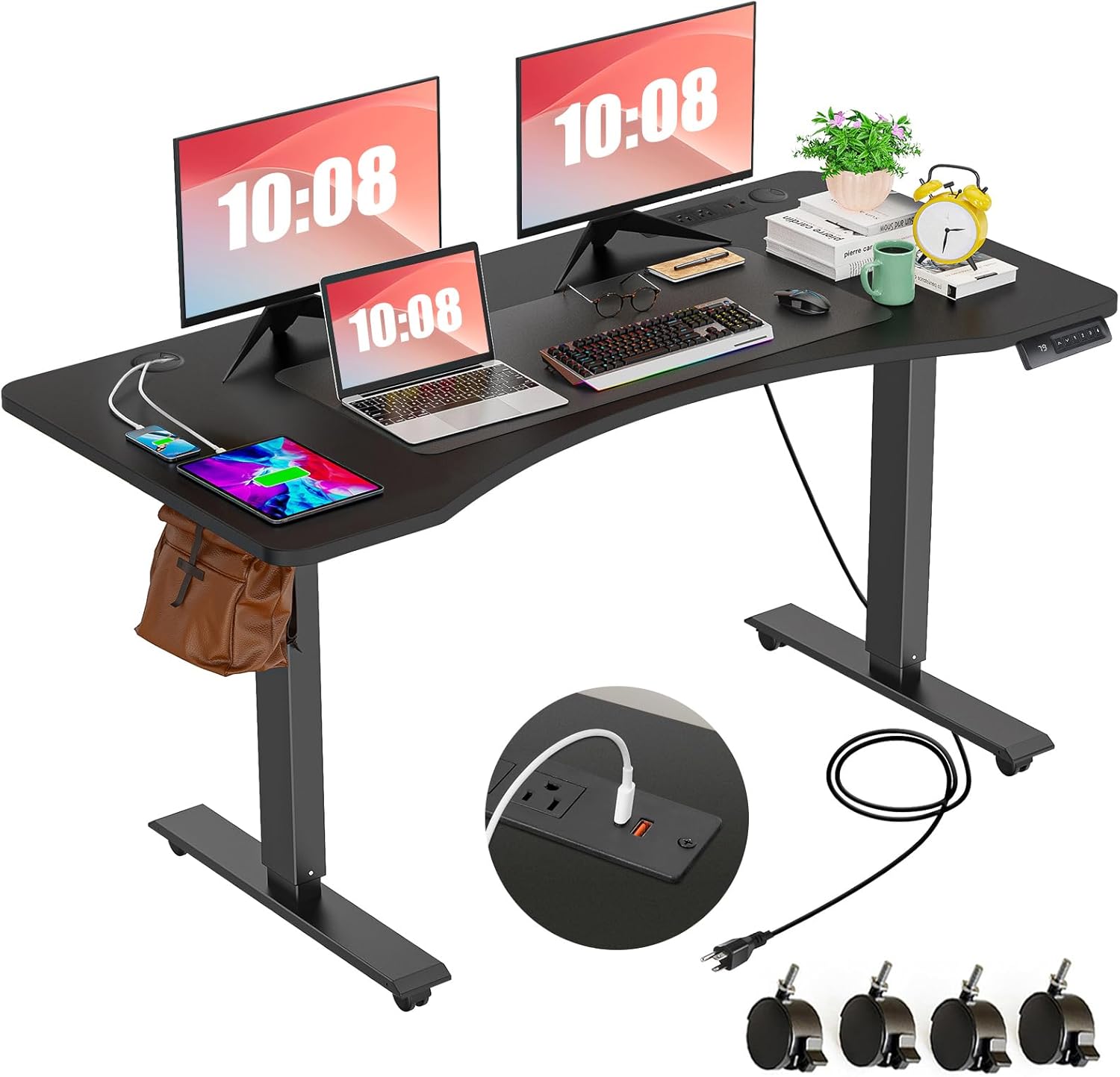 HAVE IT ALL Standing Desk Electric | Adjustable Height with Charging Station| Stand up Desk with Oversized Mouse Pad | Ergonomic Curved Workstation, 4 Caster | 4 Preset Heights Easy to Set Up