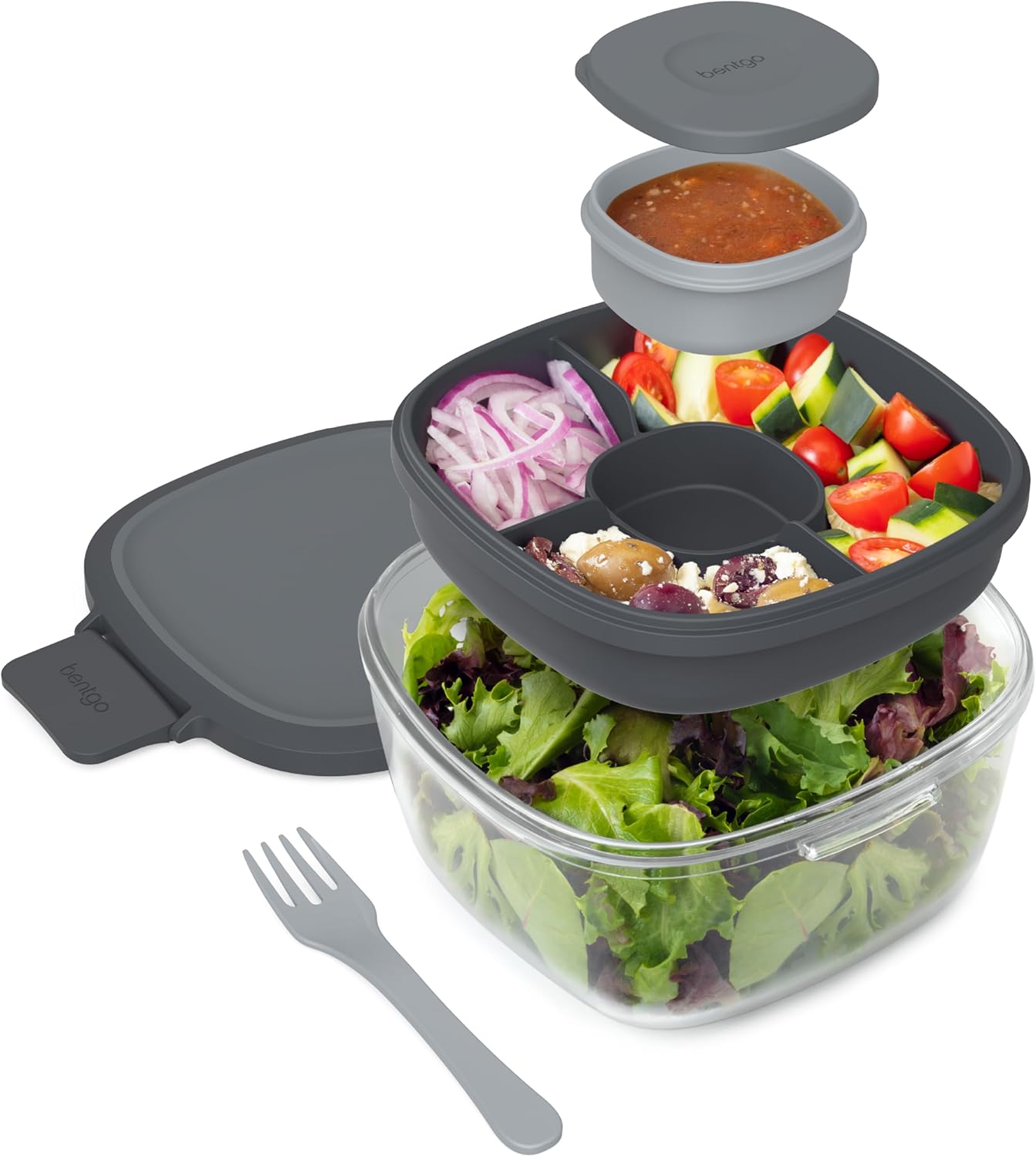 MEAL PREP PRO Glass All-In-One Salad Container | Large 61Oz Salad Bowl with Lid, 4-Compartment Bento-Style Tray, 3-Oz Sauce Container, and Reusable Fork | Dishwasher, Microwave, and Oven Safe