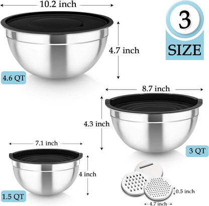 MEAL PREP PRO Mixing Bowls, Stainless Steel Nesting Salad Bowls with Lids Set of 3 & 3 Grater Attachments, for Mixing/Serving/Storing, Non-Toxic & Long-Lasting, Size 4.6/3 / 1.5 QT, Black