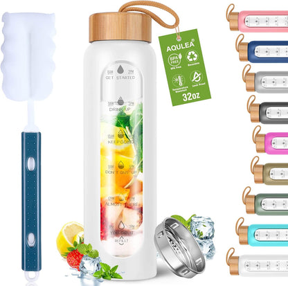32 Oz Water Bottle with Silicone Sleeve - BPA Free, Reusable, Wide Mouth, Motivational, Leak Proof Borosilicate, Time Marker and Fruit Infuser