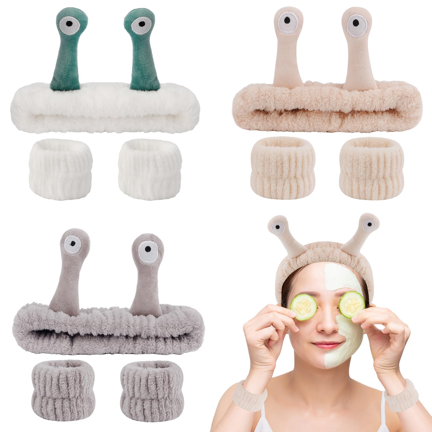 SENSORY HERO 9 Pcs Skincare Headbands Set | Snail / Alien Spa Headband, Face Wash Wristbands | Cute Makeup Hair Band for Washing Face and Shower