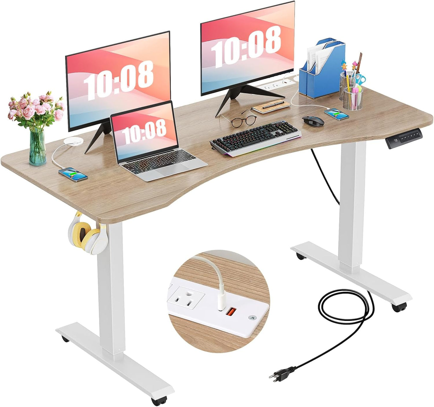 HAVE IT ALL Standing Desk Electric | Adjustable Height with Charging Station| Stand up Desk with Oversized Mouse Pad | Ergonomic Curved Workstation, 4 Caster | 4 Preset Heights Easy to Set Up
