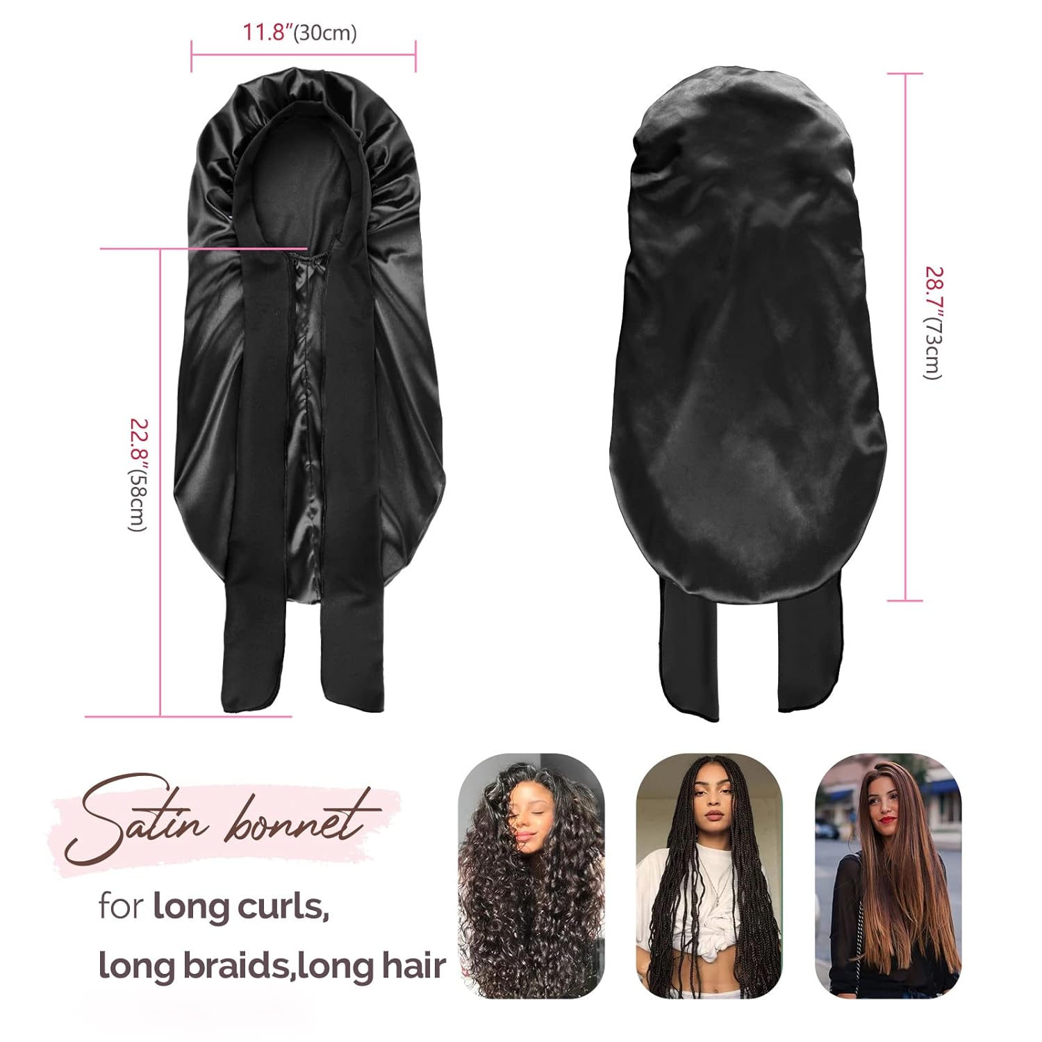 LONG Silk Bonnet for Long Hair With Tie Band 