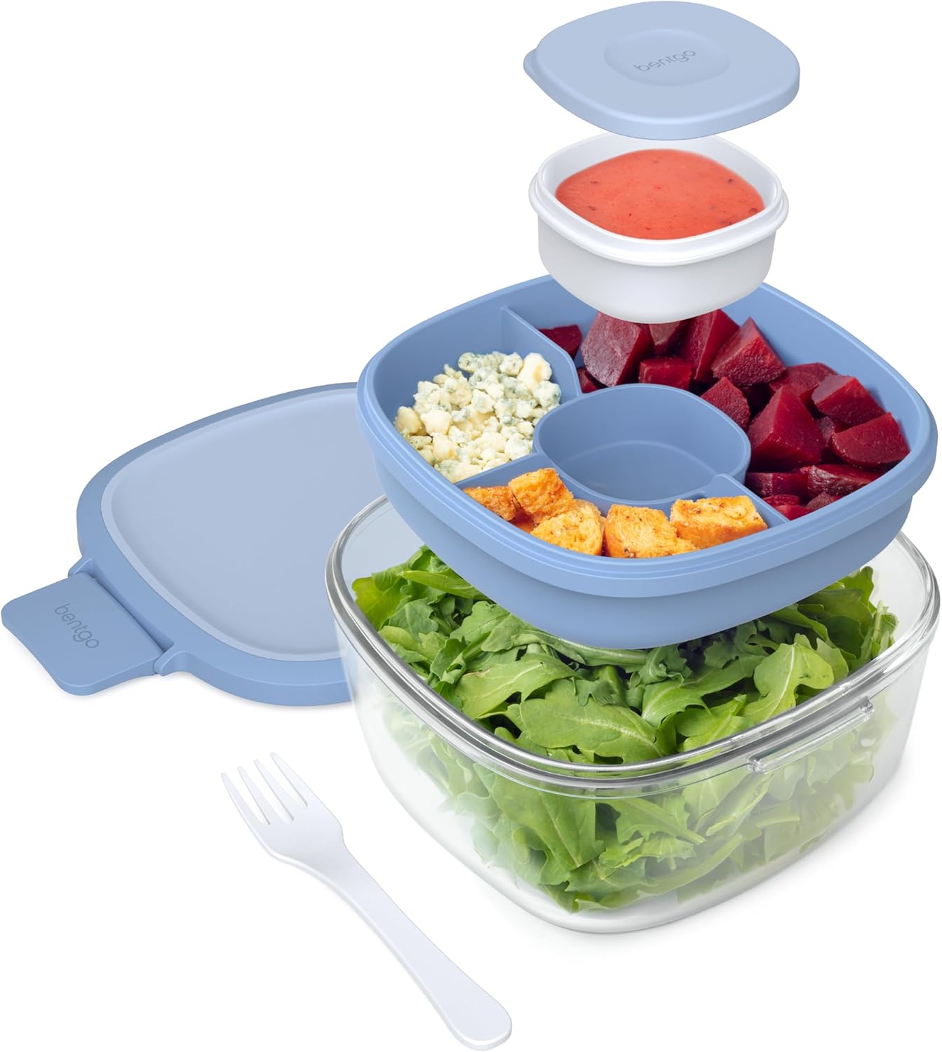 MEAL PREP PRO Glass All-In-One Salad Container | Large 61Oz Salad Bowl with Lid, 4-Compartment Bento-Style Tray, 3-Oz Sauce Container, and Reusable Fork | Dishwasher, Microwave, and Oven Safe
