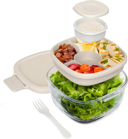 MEAL PREP PRO Glass All-In-One Salad Container | Large 61Oz Salad Bowl with Lid, 4-Compartment Bento-Style Tray, 3-Oz Sauce Container, and Reusable Fork | Dishwasher, Microwave, and Oven Safe